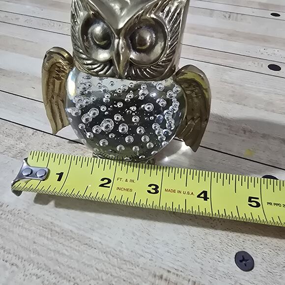 Vtg 50s 60s 70s Brass Bubble Glass Owl Bird Paperweight MCM Mid Century Modern - Picture 6 of 7